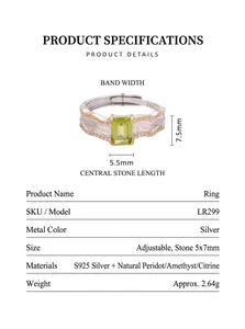 Detailed specification table of S925 silver textured ring with green peridot gemstone