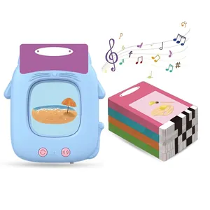 Blue cat-shaped educational talking flash cards reader toy with colorful word cards