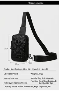 Dimensions et détails du sac de poitrine en cuir noir avec gaufrage crocodile pour hommes