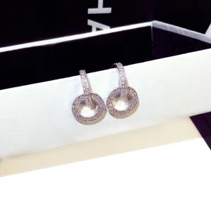 Micro-inlaid double circle drop earrings with rhinestones and S925 silver needles