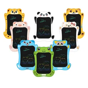 Detail view of colorful cartoon animal-shaped LCD writing tablets for kids