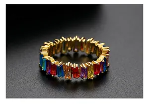 Detail view of colorful baguette cubic zirconia ring with premium gold plated finish