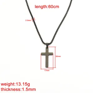 Polished black stainless steel cross pendant necklace with box chain dimensions