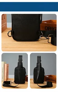 Détail sac de poitrine cuir noir avec crochets bandoulière interchangeables
