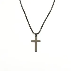 Black matte stainless steel cross necklace with a classic box chain for men and women