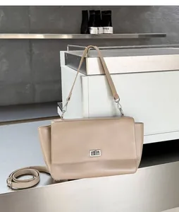 Elegant khaki genuine leather flap messenger bag with twist lock and dual straps