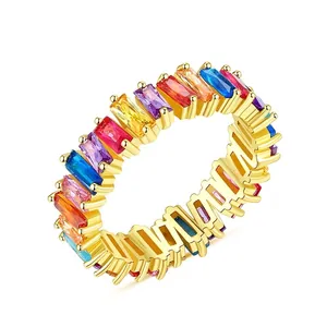 Hip Hop Rainbow Zirconia Eternity Band Ring Copper Gold Plated T-Shaped Colorful Zirconia Claw Setting Ring For Women
