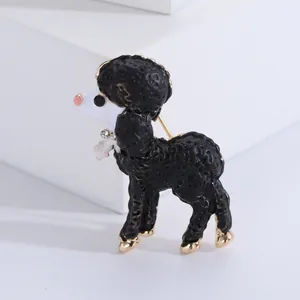 Exquisite black and white poodle brooch featuring enamel dripping oil and crystal accents