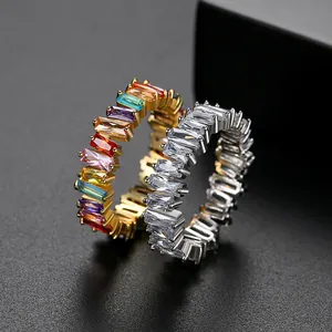 Colorful rainbow and clear baguette cubic zirconia eternity rings in gold and silver plating