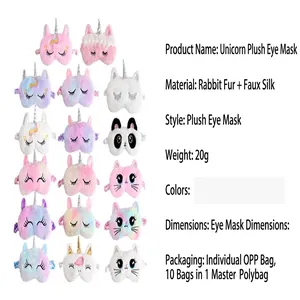 Detailed product features of plush unicorn sleep masks in various rainbow colors