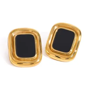 Vintage style gold-toned titanium steel stud earrings with black square center inlay
