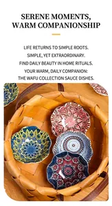 Japanese style ceramic dipping bowls with intricate floral patterns in a woven basket