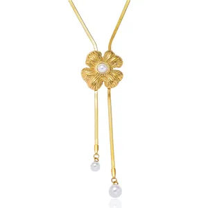 Vintage Titanium Steel Flower Tassel Necklace With Artificial Pearl Gold Plated Snake Bone Chain Necklaces For Women Jewelry
