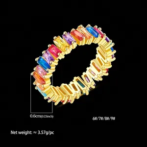 Colorful rainbow baguette-cut zircon ring with gold plating for hip hop street style