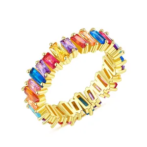 Vibrant rainbow eternity band with colorful baguette cubic zirconia in gold plating