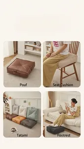 Versatile square floor cushion used as a seat, tatami mat, and footrest display