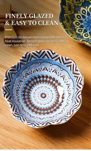 Detail view of a Japanese style ceramic dipping sauce dish with intricate blue pattern