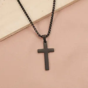 Matte black stainless steel cross necklace with square box chain for men and women