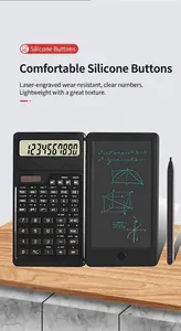 Detail view of folding scientific calculator with built-in LCD writing tablet.