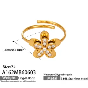 Detailed specification view of gold flower zirconia ring in durable 316L stainless steel