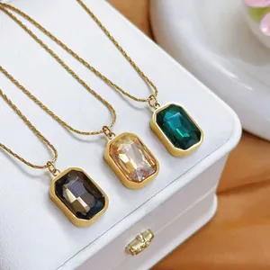 Minimalist Stainless Steel Square Gemstone Pendant Necklace Rectangular Rhinestone Earrings For Women Gold Plated Geometric Jewelry