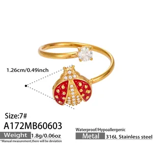 Detailed view of ladybug zircon ring with 316L stainless steel material specs list
