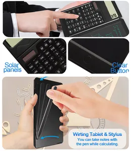 Detail view of solar panels and writing tablet on a foldable scientific calculator