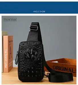 Vue de face du sac de poitrine en cuir véritable noir avec relief crocodile