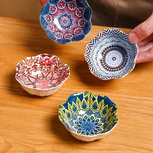 Japanese Bohemian Ceramic Seasoning Dish Mandala Pattern Petal Edge Sauce Plate Small Dipping Bowl For Kitchen Dining Home Tableware