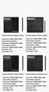 Scientific calculator with LCD writing tablet and stylus, showing detailed specifications.
