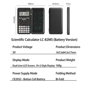 Scientific function calculator with integrated writing tablet and detailed dimensions