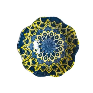 Japanese style ceramic seasoning dish with blue yellow mandala pattern floral edge