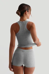 Rear view of gray ribbed tank top and high waisted shorts loungewear set