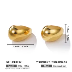 Detailed view of gold stainless steel smooth water-drop earrings with dimensions