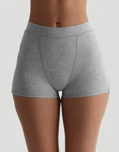 Detailed view of high-waisted grey ribbed shorts for women with soft Y2K fabric.