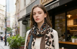 Sciarpa zebrata chic da donna nei toni del marrone, indossata come scialle in un caffè