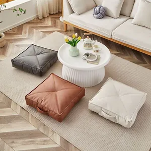 Japanese style square floor cushions with handles in leather-like fabric for tatami