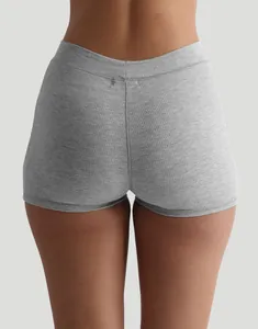 Detailed back view of women's grey ribbed high waisted slim fit loungewear shorts