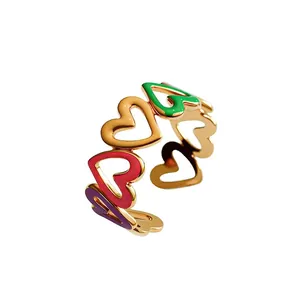 Anello aperto a forma di cuore in acciaio inossidabile con smalto colorato vivace