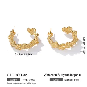 Detailed view of gold-plated textured stainless steel hoop earrings with dimensions