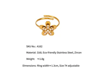 Detailed view of gold flower zirconia ring featuring 316L stainless steel specifications