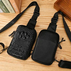 Sac de Poitrine en Cuir Véritable pour Hommes Grande Capacité Sac Bandoulière Sac Sling Outdoor Casual Mode Cuir de Vachette