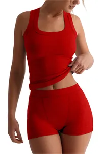 Close-up detail of women's red ribbed two-piece set featuring sleeveless tank top and shorts