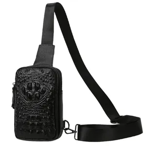 Sac de poitrine pour homme en cuir véritable noir avec texture crocodile embossée