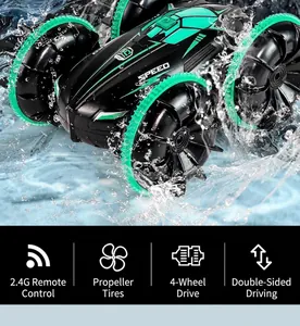 Close-up of amphibious remote control stunt car splashing through water