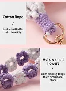 Detail of handmade woven floral strap with lobster clasp and hollow flower pattern.