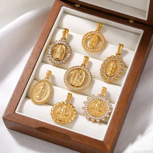 Vintage Religious Portrait Pendant Necklace For Women 304 Stainless Steel 18K Gold Plated Rhinestone Coin Choker Jewelry Gift