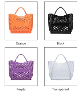 Detailansicht der hohlen Jelly-Tragetaschen in vier Farben: Orange, Schwarz, Lila, Klar.