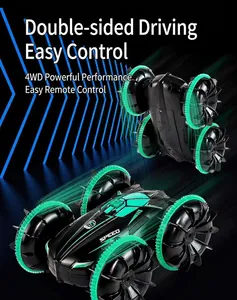 Detailed view of black and green amphibious stunt RC car with 4WD and dual-sided driving