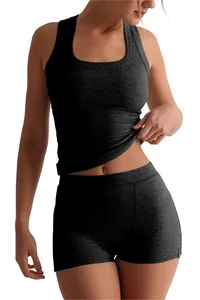 Slim fit ribbed tank top and high waist shorts two-piece set for women in charcoal grey